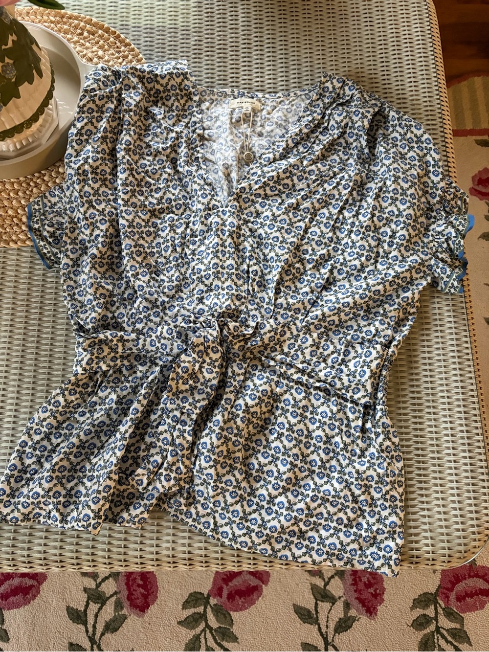 Max Studio Blue and White Floral Tie-Front Blouse